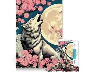 Puzzle "Lupo,Luna,Ciliegi in fiore" da 1000 pezzi,gioco di logica,incastro perfetto,pezzi precisi,divertimento in famiglia,attività serale (38x52cm)