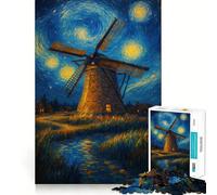 Puzzle "Mulino a vento sotto una notte stellata" da 1000 pezzi Gioco stimolante per la mente Incastro perfetto Comodo intrattenimento domestico per tutti (38x52cm)