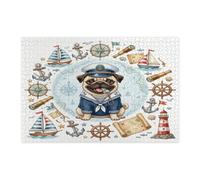 Puzzle nautico con cane carlino blu navy per adulti, 1000 pezzi, puzzle in legno stampato con percorso estivo di cuccioli, decorazioni per feste di intrattenimento