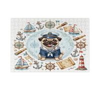 Puzzle nautico con cane carlino blu navy, per adulti, 300 pezzi, puzzle in legno stampato con percorso estivo per cuccioli di nave, decorazioni alla moda per feste di intrattenimento