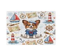 Puzzle nautico con cane papillon blu navy, per adulti, 300 pezzi, puzzle in legno stampato con percorso estivo di cuccioli, decorazioni per feste di intrattenimento