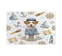 Puzzle nautico con cane Russell Terrier blu navy, per adulti, 1000 pezzi, puzzle in legno stampato con rotta di cucciolo estivo, decorazioni per feste di intrattenimento