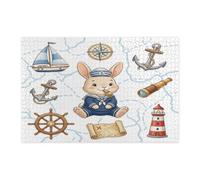 Puzzle nautico con coniglietto blu navy, per adulti, 1000 pezzi, puzzle in legno stampato con animali della rotta della nave estiva, decorazioni con motivo costiero per feste di intrattenimento