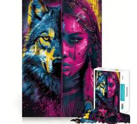 Puzzle Neon Native American Wolf per ragazzi, 1000 pezzi, gioco di logica, divertimento per tutta la famiglia, taglio di precisione, (38x26cm)