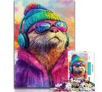 Puzzle Otter Listening to Music per adolescenti, difficili da completare ma divertenti e umoristici, con poster abbinato e foglio di quiz (38x26cm)