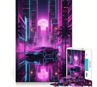 Puzzle "Paesaggio urbano al neon con riflessi di auto" per ragazzi, 1000 pezzi, gioco di logica fine, morbido, rilassante, bordi puliti, regalo di alta qualità (38x26cm)