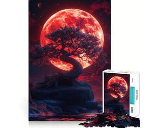 Puzzle paesaggistico con albero e luna rossa per adulti, 1000 pezzi per rafforzare la memoria, alleviare l'ansia, bordi lisci, una piacevole sorpresa (50x75cm)