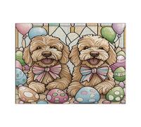 Puzzle pasquale con cane labradoodle primaverile, per adulti, 500 pezzi, uova in vetro colorato, puzzle in legno, divertenti decorazioni per animali domestici per l'intrattenimento domestico