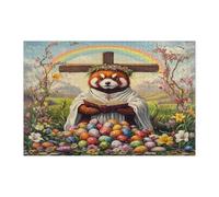 Puzzle pasquale primavera panda rosso per adulti 1000 pezzi, puzzle retrò con croce uova in legno stampato animale, decorazioni per feste di intrattenimento