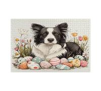Puzzle pasquale primaverile con cane Border Collie per adulti, 1000 pezzi, puzzle in legno vintage con uova floreali e cuccioli, divertente decorazione per animali domestici per l'intrattenimento