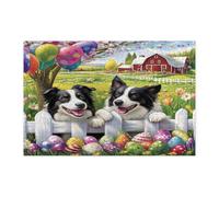 Puzzle pasquale primaverile con cane Border Collie per adulti, 1000 pezzi, puzzle stampati in legno con uova di fattoria recinzione, cuccioli, decorazioni con motivo country per l'intrattenimento