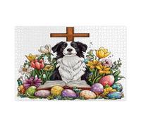 Puzzle pasquale primaverile con cane Border Collie per adulti, 1000 pezzi, uova di campagna, fiori, cuccioli, decorazioni divertenti per l'intrattenimento domestico