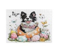 Puzzle pasquale primaverile con cane Border Collie per adulti, 500 pezzi, divertenti uova carine cucciolo puzzle in legno stampato, decorazioni con motivo floreale per l'intrattenimento domestico