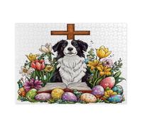 Puzzle pasquale primaverile con cane Border Collie per adulti, 500 pezzi, uova di campagna, fiori, cuccioli, decorazioni divertenti per l'intrattenimento domestico