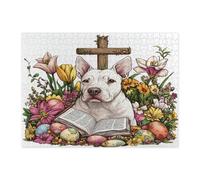 Puzzle pasquale primaverile con cane Bull Terrier per adulti, 500 pezzi, uova di campagna, fiori, cuccioli, decorazioni divertenti per la casa