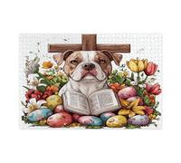 Puzzle pasquale primaverile con cane pitbull per adulti, 1000 pezzi, uova di campagna, fiori, cuccioli, decorazioni divertenti per l'intrattenimento domestico