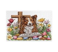 Puzzle pasquale primaverile con cane Rough Collie per adulti, 1000 pezzi, uova di campagna, fiori, cuccioli, decorazioni divertenti per l'intrattenimento domestico