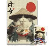 Puzzle per adolescenti 1000 gatti samurai che mangiano ramen Vacanza a casa Giochi per la famiglia Ottimo regalo per i giochi (dimensioni 38x26cm)