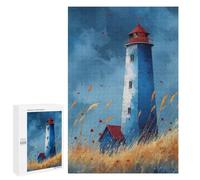 Puzzle Per Adolescenti 1000 PCS Watercolor Lighthouse Art Blue Lighthouse with Grasses Calm Coastal Print Puzzle Per Adulti Giochi Rilassanti Decorazione Murale Attività Divertenti A Casa 1000 PCS