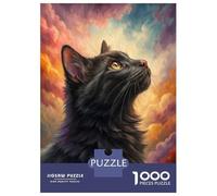 Puzzle Per Adolescenti 1000 Pezzi Black Cat Looking Up at Colorful Sky Puzzle Per Adulti Gioco Rompicapo Corsa Di Velocità Delle Mani Attività Divertenti A Casa 38x26cm/1000pcs