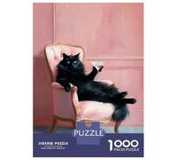 Puzzle Per Adolescenti 1000 Pezzi Black Cat with Martini in Pink Chair Puzzle Per Adulti Giochi Per Famiglie Antistress Gioco Stimolante Regali 70x50cm/1000pcs