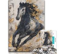 Puzzle per adolescenti 1000 pezzi Cavallo nero dorato 1000 pezzi per adolescenti, ammazza il tempo durante le vacanze con poster abbinato e foglio di quiz (dimensioni 75x50cm)