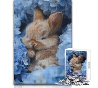 Puzzle per adolescenti 1000 pezzi Coniglietto addormentato tra fiori blu Perfetto passatempo rilassante Giocattolo professionale dal taglio netto Dimensioni 38x52cm