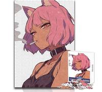Puzzle per adolescenti 1000 pezzi, gattina anime con capelli rosa che fuma, attività di svago tranquilla e piacevole, giocattolo artigianale di alta qualità, dimensioni 50x75cm