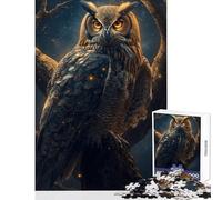 Puzzle per adolescenti 1000 pezzi Gufo maestoso appollaiato su un ramo Giocattolo educativo Regalo di compleanno Gioco per famiglie con poster abbinato e foglio di quiz Dimensioni 38x52cm