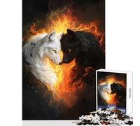 Puzzle per adolescenti 1000 pezzi Lupi bianchi e neri in fiamme Giocattolo educativo Ottimo regalo per giochi Gioco impossibile con poster abbinato e foglio di quiz Dimensioni 38x26cm