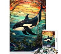 Puzzle per adolescenti 1000 pezzi Orca assassina Vetrata Giocattolo Decorazione da parete Opera d'arte Regalo Gioco per famiglie Interazione genitore-figlio Dimensioni 50x75cm