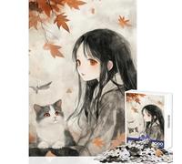 Puzzle per adolescenti 1000 pezzi ragazza anime con gatto in autunno decorazione per la casa giocattoli regalo di compleanno giochi rilassanti collezione di artisti belle arti dimensioni 38x26cm