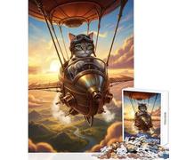 Puzzle per adolescenti 1000 pezzi Steampunk Gatto Pilota Dirigibile Decorazione per la casa Giocattoli Regalo di compleanno Gioco per famiglie Adatto per la decorazione del desktop Dimensioni 38x26cm