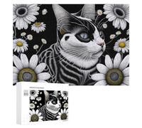 Puzzle Per Adolescenti 300 PCS Black & White Cat with Daisies Puzzle Per Adolescenti Giocattoli Antistress Assemblaggio Di Modelli Regali Unici Per Compleanno E Natale 300 PCS