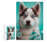 Puzzle Per Adolescenti 300 PCS Blue-Eyed Husky with Flowers Puzzle Per Adulti Giochi Rilassanti Assemblaggio Di Modelli Interazione Genitore-figlio 300 PCS