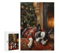 Puzzle Per Adolescenti 300 PCS Boston Terrier in Sweater by Fireplace Painting Puzzle Per Adulti Giochi Rilassanti Sfida Difficile Attività Divertenti A Casa 300 PCS