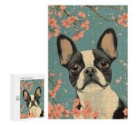 Puzzle Per Adolescenti 300 PCS Boston Terrier with Cherry Blossoms Art Boston Terrier Art Puzzle Per Adolescenti Giocattolo Decorazione Da Parete Ma Divertente E Umoristico Unico Compleanno E Regali