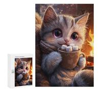 Puzzle Per Adolescenti 300 PCS Cute Cat with Hot Chocolate Puzzle Per Adulti Giochi Rilassanti Gara Di Velocità Manuale Sfida Da Completare 300 PCS