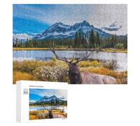 Puzzle Per Adolescenti 300 PCS Elk Resting by Serene Lake with Snow-Capped Mountains in Background Puzzle Antistress Decorazione Per La Casa Regali Unici Per Compleanno E Natale 300 PCS