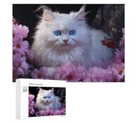 Puzzle Per Adolescenti 300 PCS Fluffy White Cat with Blue Eyes Surrounded by Pink Flowers Puzzle Per Adulti Giocattolo Decorazione Da Parete Taglio Di Precisione Gioco Stimolante Regali 300 PCS