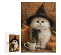 Puzzle Per Adolescenti 300 PCS Halloween White Witch Cat with Pumpkins Puzzle Per Adulti Gioco Rompicapo Assemblaggio Di Modelli Interazione Genitore-figlio 300 PCS