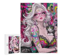 Puzzle Per Adolescenti 500 PCS Colorful Tattooed Woman with Cat Puzzle Per Adolescenti Analisi E Logica Difficile E Stimolante Ottimo Regalo Per I Giocatori 500 PCS