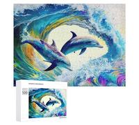 Puzzle Per Adolescenti 500 PCS Dolphins in Colorful Waves Puzzle Per Adulti Gioco Rompicapo Difficile Difficile Unico Compleanno E Regali 500 PCS