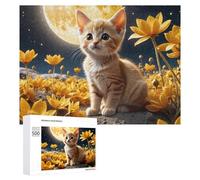 Puzzle Per Adolescenti 500 PCS Kitten on The Moon with Flowers Puzzle Divertenti Da Assemblare, Modelli, Regali Unici Per Compleanno E Natale 500 PCS