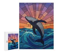 Puzzle Per Adolescenti 500 PCS Stained Glass Whale Leaping from Ocean Puzzle Per Adolescenti Giocattoli Fai Da Te Vacanze A Casa Passatempo Divertimento Attività A Casa, 500 PCS