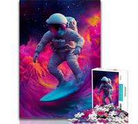 Puzzle per adolescenti con astronauti che fanno surf nello spazio, difficili da completare ma divertenti e divertenti, con poster e foglio di quiz abbinati (38x26cm)