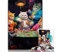 Puzzle per adolescenti con gatti che giocano a poker, 1000 pezzi, antistress, per ammazzare il tempo in casa, con poster abbinato e foglio di quiz (38x26cm)