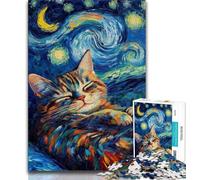 Puzzle per adolescenti con gatto nero che dorme nel cielo notturno, 1000 pezzi, sfida difficile per alleviare lo stress, migliora l'amore tra coppie, 38x26cm