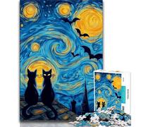 Puzzle per adolescenti con gatto nero nel cielo notturno, aiuta il cervello a esercitare giocattoli avvincenti per coltivare la pazienza Un'opera d'arte 50x75cm
