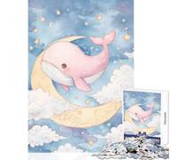 Puzzle per adolescenti da 1000 pezzi balena rosa sulla luna acquerello giocattolo educativo regalo per compleanni giochi divertenti con poster abbinato e foglio di quiz dimensioni 38x52cm